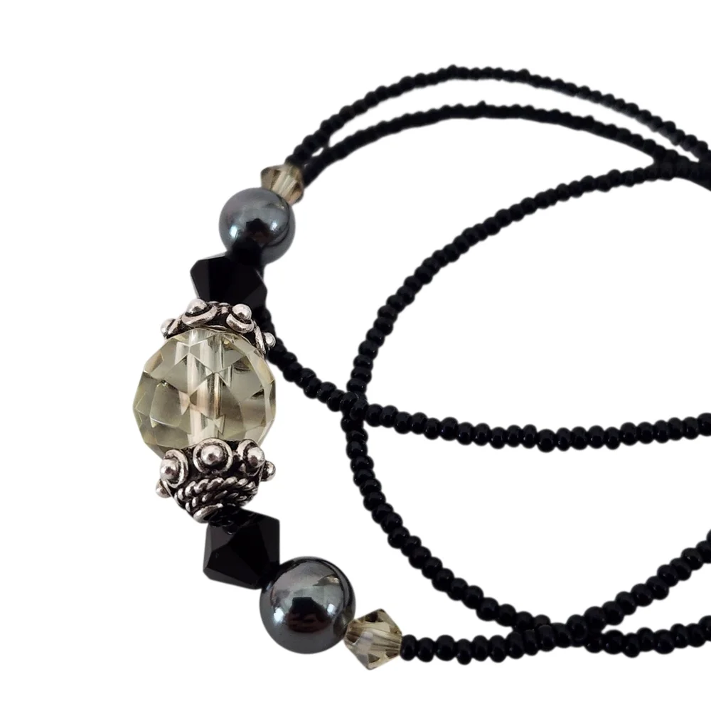 Dainty necklace 925 sterling silver faceted crystal pendant petite seed beads